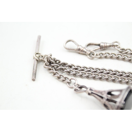 353 - Antique Edwardian sterling silver watch chain and gemstone fob (26g)