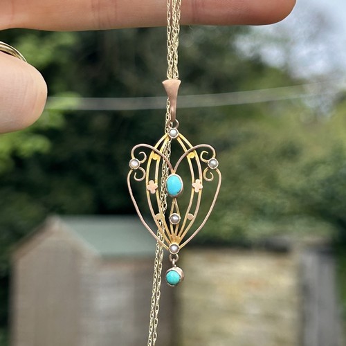 9ct gold turquoise and seed pearl lavaliere style pendant on chain  2.5 g
