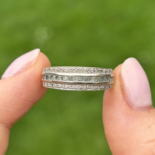 70 - 9ct white gold diamond & blue gemstone three row dress ring Size O 2.5 g