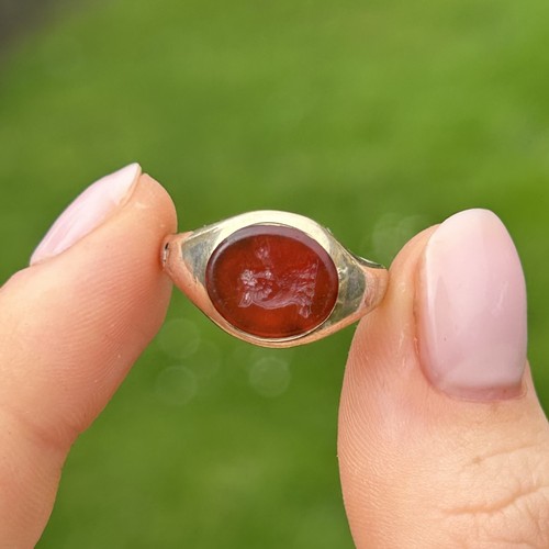 91 - 14ct gold band and 5ct gold headed antique carnelian bull intaglio set signet ring - as seen Size O ... 