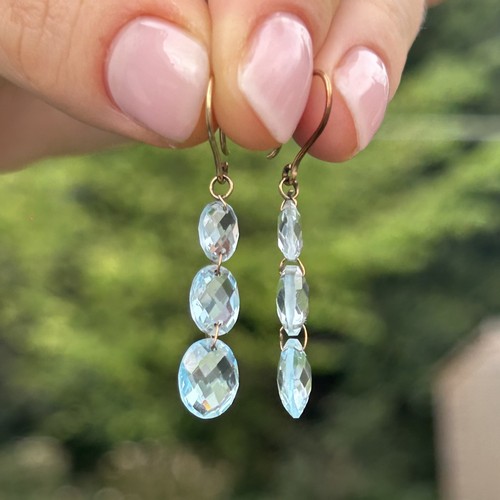 115 - 9ct gold faceted blue topaz drop earrings with French hooks  2.1 g