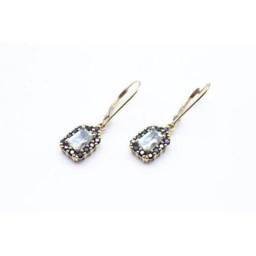 12 - 9ct gold sapphire and aquamarine halo drop earrings   - 2.1 g