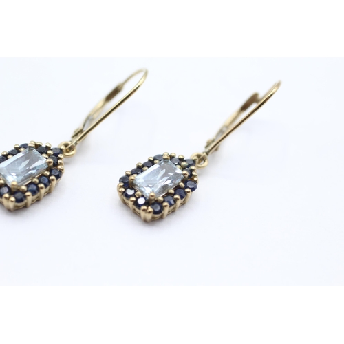 12 - 9ct gold sapphire and aquamarine halo drop earrings   - 2.1 g