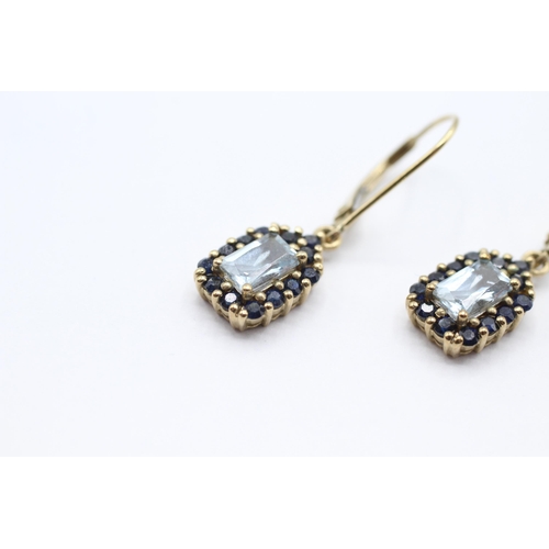 12 - 9ct gold sapphire and aquamarine halo drop earrings   - 2.1 g