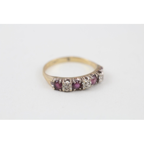 155 - 9ct gold diamond & ruby seven stone ring Size  P 1/2 - 2 g