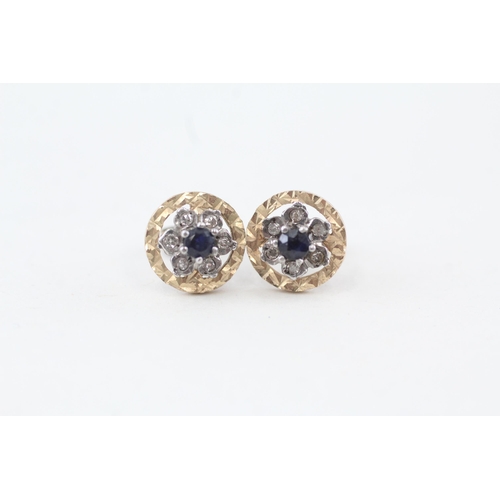 178 - 9ct gold vintage sapphire and diamond set floral cluster stud earrings   - 1.6 g