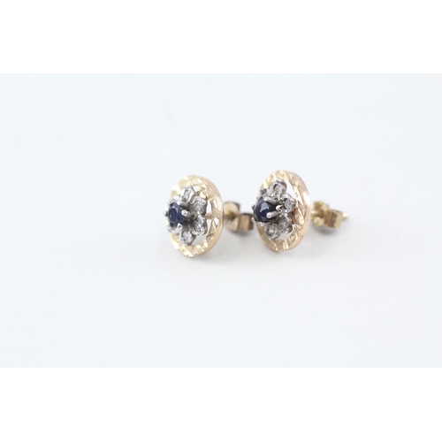 178 - 9ct gold vintage sapphire and diamond set floral cluster stud earrings   - 1.6 g