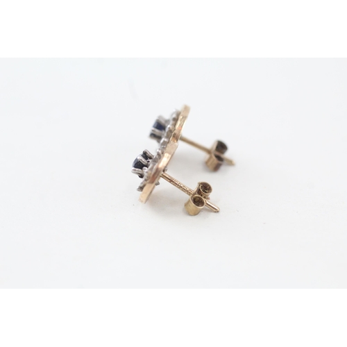 178 - 9ct gold vintage sapphire and diamond set floral cluster stud earrings   - 1.6 g