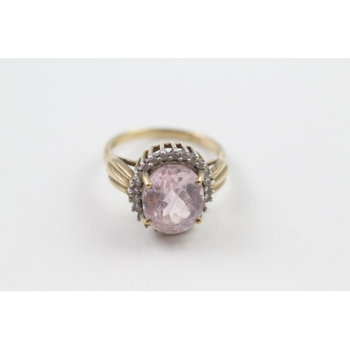 25 - 9ct gold oval cut kunzite & diamond cluster ring Size  N - 4.2 g