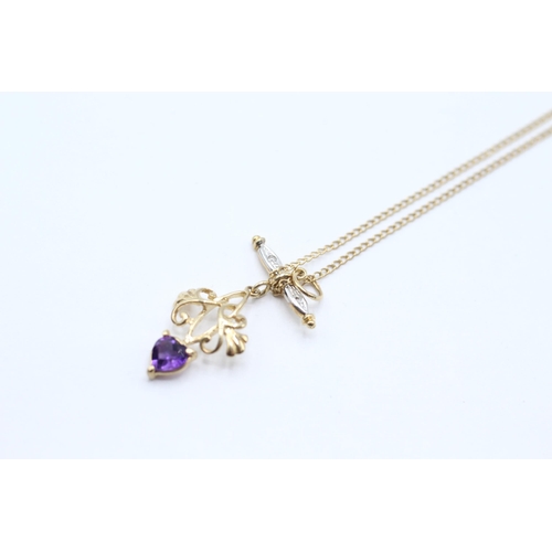 43 - 9ct gold heart cut amethyst & diamond pendant necklace   - 2 g