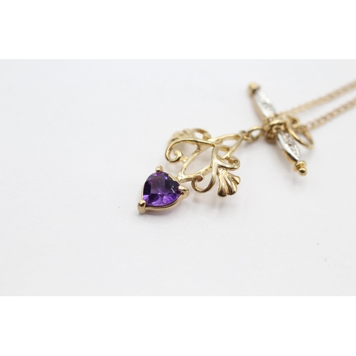 43 - 9ct gold heart cut amethyst & diamond pendant necklace   - 2 g