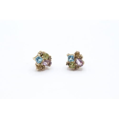 46 - 9ct gold multi gemstone cluster stud earrings, gemstones including: amethyst, topaz, citrine, perido... 