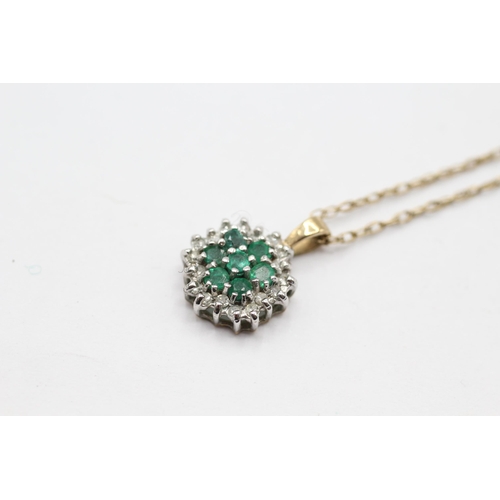 47 - 9ct gold diamond & emerald floral cluster pendant necklace   - 1.7 g