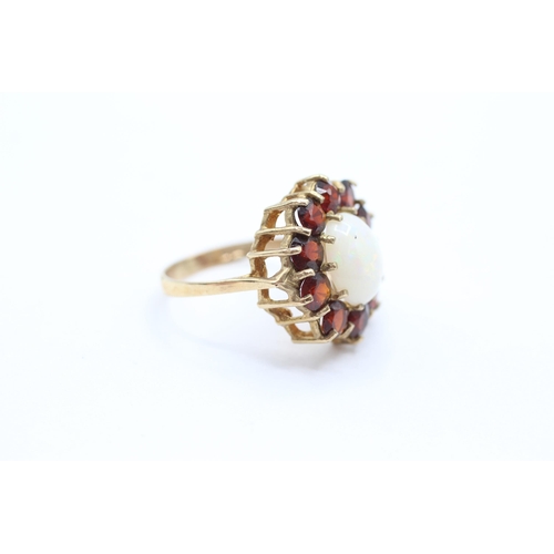 51 - 9ct gold opal & garnet oval cluster ring Size  N - 3.6 g