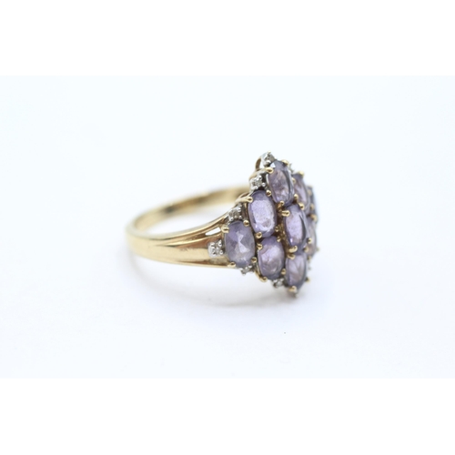 52 - 9ct gold diamond & amethyst lozenge shaped cluster ring Size  O - 3.1 g