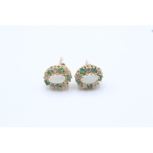 56 - 9ct gold opal, emerald & cubic zirconia cluster stud earrings with scroll backs   - 1.4 g