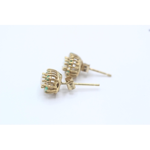 56 - 9ct gold opal, emerald & cubic zirconia cluster stud earrings with scroll backs   - 1.4 g