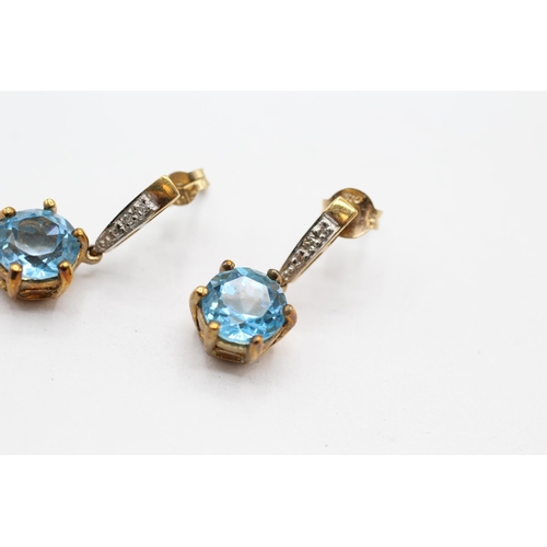 57 - 9ct gold blue topaz and diamond set drop earrings   - 2.8 g