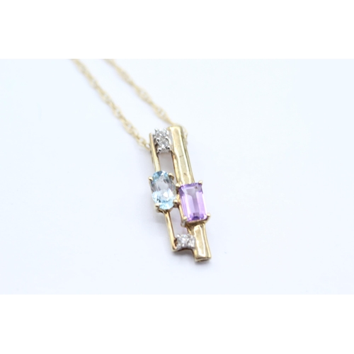 6 - 9ct gold amethyst and topaz and diamond pendant on chain   - 1.6 g