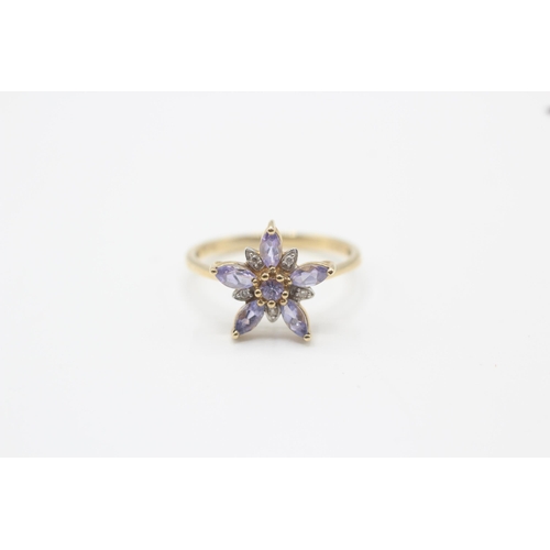 12 - 9ct gold tanzanite & diamond floral dress ring Size  Q - 2.3 g