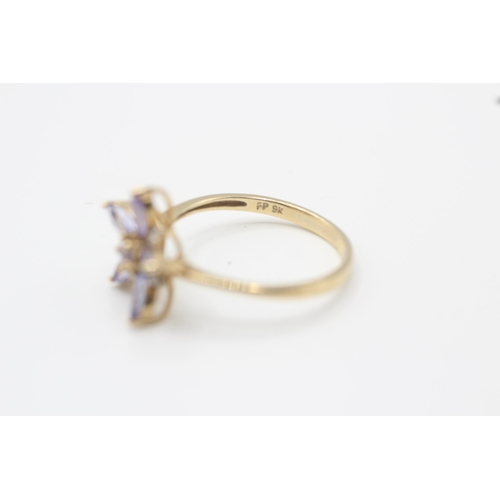 12 - 9ct gold tanzanite & diamond floral dress ring Size  Q - 2.3 g