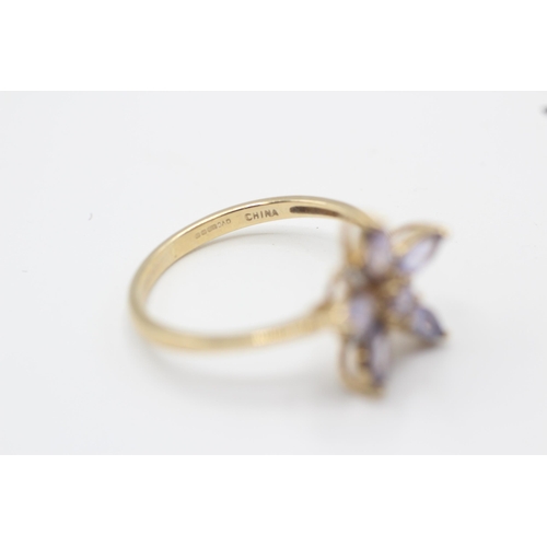 12 - 9ct gold tanzanite & diamond floral dress ring Size  Q - 2.3 g