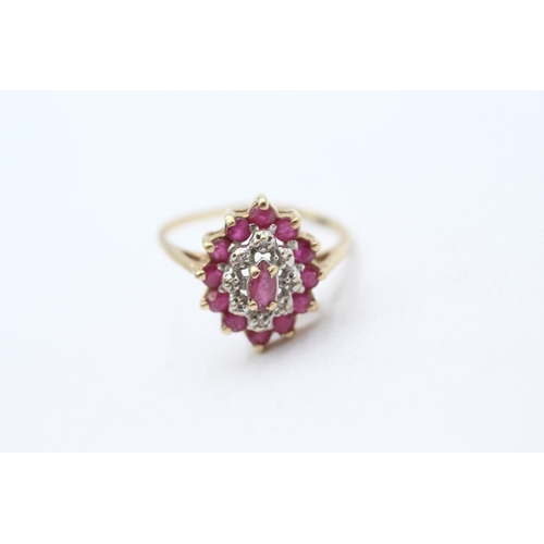 20 - 9ct gold ruby & diamond cluster ring, claw set Size  O 1/2 - 2.2 g