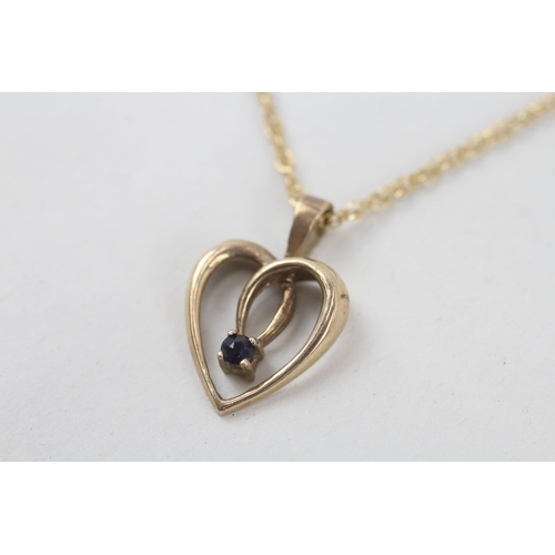 35 - 9ct gold sapphire openwork heart pendant necklace   - 2.1 g