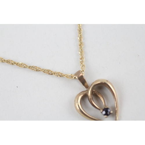 35 - 9ct gold sapphire openwork heart pendant necklace   - 2.1 g