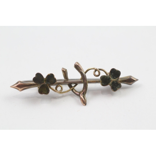 42 - 9ct gold antique connermara marble & paste shamrock & wishbone good luck brooch with base metal pin ... 