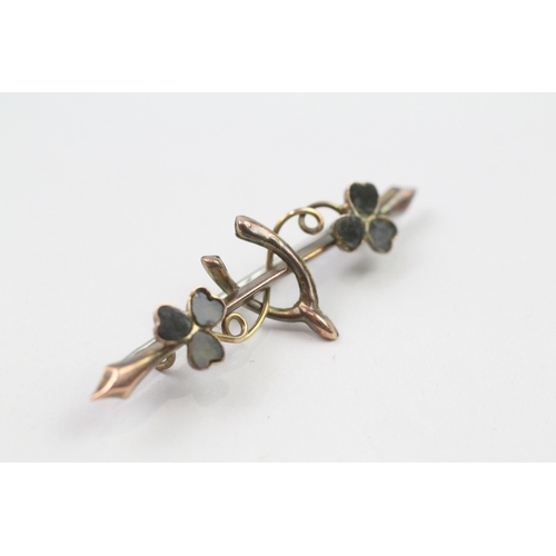 42 - 9ct gold antique connermara marble & paste shamrock & wishbone good luck brooch with base metal pin ... 