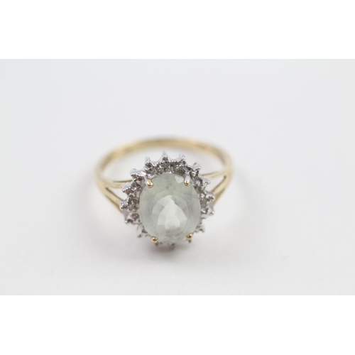 43 - 9ct gold diamond & prasiolite oval cluster ring Size  P - 2.6 g