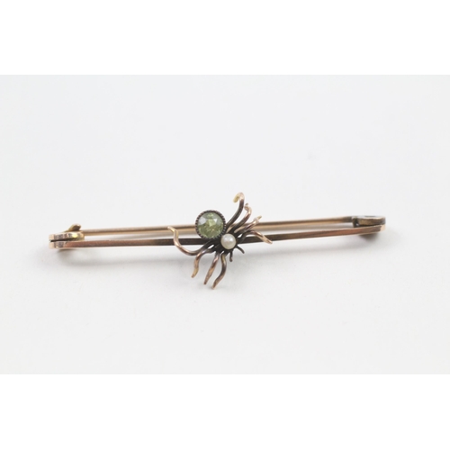 46 - 9ct gold antique peridot & seed pearl spider bar brooch   - 2.9 g