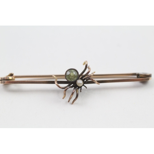 46 - 9ct gold antique peridot & seed pearl spider bar brooch   - 2.9 g