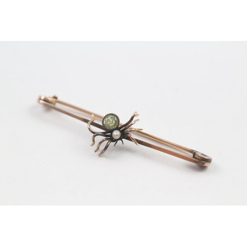 46 - 9ct gold antique peridot & seed pearl spider bar brooch   - 2.9 g