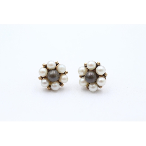 6 - 9ct gold cultured pearl cluster stud earrings with scroll backs   - 3.3 g