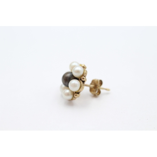 6 - 9ct gold cultured pearl cluster stud earrings with scroll backs   - 3.3 g