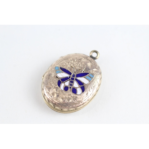 62 - 9ct back and front vintage blue, turquoise and white enamel butterfly locket   - 62 g