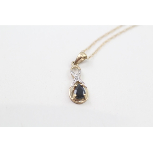 67 - 9ct gold pear cut sapphire & diamond pendant necklace (1.4g)