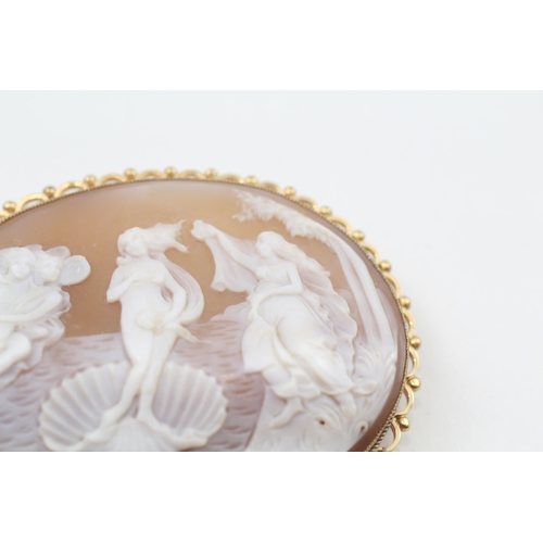 68 - 9ct gold shell cameo brooch of the birth of venus (16.6g) - As seen - Safety chain broken