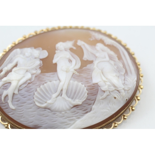 68 - 9ct gold shell cameo brooch of the birth of venus (16.6g) - As seen - Safety chain broken