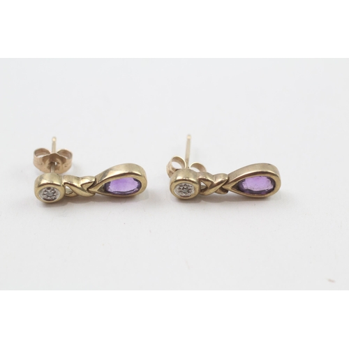 74 - 9ct gold amethyst & diamond drop earrings with scroll backs (2.3g)