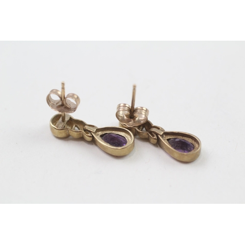 74 - 9ct gold amethyst & diamond drop earrings with scroll backs (2.3g)