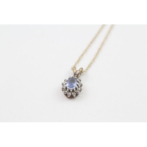 77 - 9ct gold sapphire & diamond cluster necklace (1.8g)