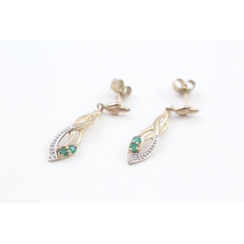 94 - 9ct gold emerald & diamond drop earrings with scroll backs (1.5g)