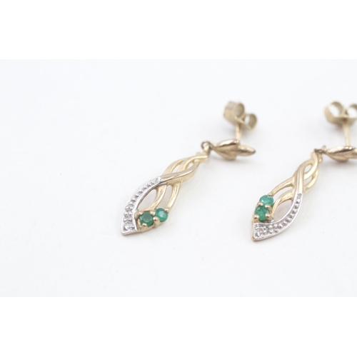 94 - 9ct gold emerald & diamond drop earrings with scroll backs (1.5g)