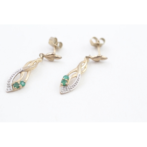 94 - 9ct gold emerald & diamond drop earrings with scroll backs (1.5g)