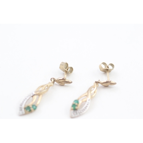 94 - 9ct gold emerald & diamond drop earrings with scroll backs (1.5g)