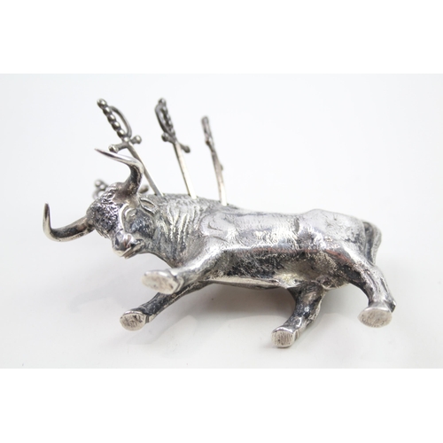 422 - Vintage .925 Sterling Silver Novelty Bull Form Cocktail Sticks Holder (108g)