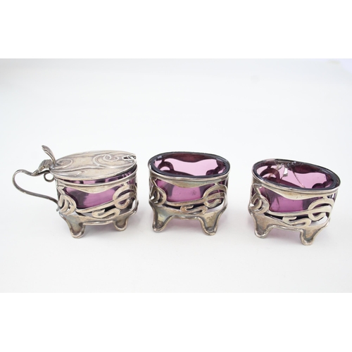 428 - 3x Antique ART NOUVEAU 1909 Birmingham Sterling Silver Cruet Set (68g)